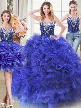 Stylish Three Piece Royal Blue Sleeveless Organza Lace Up Quinceanera Dresses for Military Ball and Sweet 16 and Quinceanera