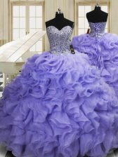 Most Popular Sleeveless Organza Sweep Train Lace Up Quinceanera Dresses in Lavender with Beading and Ruffles