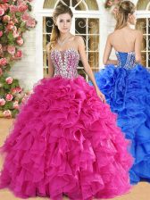  Hot Pink Sleeveless Lace and Ruffles Floor Length Quinceanera Gown