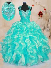  Beading and Ruffles Vestidos de Quinceanera Turquoise Lace Up Sleeveless Floor Length