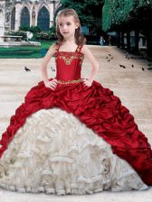  White and Wine Red Straps Lace Up Beading and Appliques and Ruffles and Pick Ups Little Girls Pageant Gowns Sleeveless