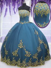  Teal Sleeveless Lace and Appliques Floor Length Ball Gown Prom Dress