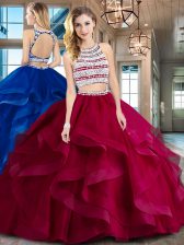  Scoop Sleeveless Tulle With Brush Train Backless Sweet 16 Dresses in Wine Red with Beading and Ruffles