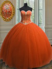 Custom Design Beading and Sequins Quinceanera Gown Orange Red Lace Up Sleeveless Floor Length