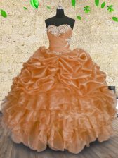 Beauteous Orange Sleeveless Floor Length Beading and Appliques and Ruffles and Sequins Lace Up Sweet 16 Dresses