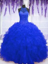  Royal Blue Ball Gowns Beading and Ruffles and Sequins Ball Gown Prom Dress Lace Up Organza Sleeveless Floor Length