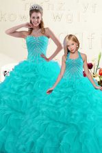 Exquisite Sleeveless Floor Length Beading and Ruffles Lace Up 15 Quinceanera Dress with Aqua Blue
