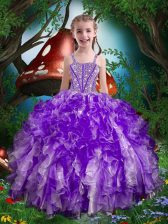 Affordable Sleeveless Floor Length Beading and Ruffles Lace Up Little Girl Pageant Gowns with Eggplant Purple