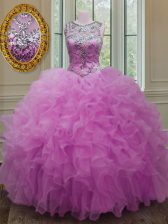 Great Fuchsia Scoop Lace Up Beading and Ruffles Sweet 16 Dresses Sleeveless