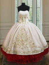 Artistic White and Red Ball Gowns Strapless Sleeveless Organza and Taffeta Floor Length Lace Up Beading and Embroidery and Ruffled Layers Sweet 16 Quinceanera Dress