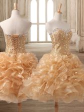  Gold A-line Beading and Ruffles Evening Dress Lace Up Organza Sleeveless Tea Length