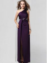 Fashionable One Shoulder Floor Length Criss Cross Evening Dress Purple for Prom and Party with Beading