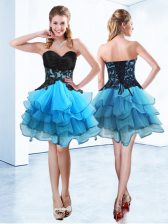  Ruffled Blue And Black Sleeveless Organza Lace Up Prom Evening Gown for Prom and Party