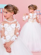 Simple Clasp Handle Scoop Long Sleeves Flower Girl Dresses for Less Floor Length Lace and Appliques White Tulle
