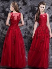 Spectacular Wine Red Empire Scoop Sleeveless Tulle Floor Length Side Zipper Appliques Evening Dress