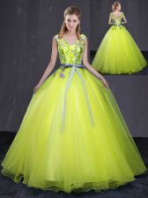 Modern Yellow Green Tulle Lace Up V-neck Sleeveless Floor Length Sweet 16 Quinceanera Dress Appliques and Belt