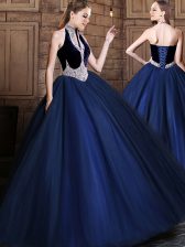 Sexy Navy Blue Tulle Lace Up Halter Top Sleeveless Floor Length Quinceanera Gown Beading