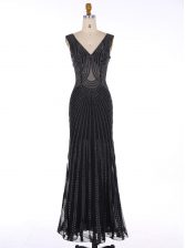  Mermaid Chiffon V-neck Sleeveless Zipper Sequins Evening Dress in Black