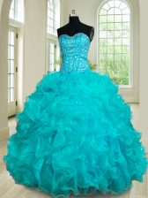  Teal Sleeveless Floor Length Beading and Ruffles Lace Up Quinceanera Gowns