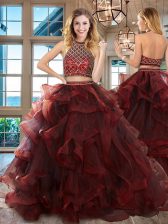 Sumptuous Halter Top Burgundy Sleeveless Tulle Brush Train Backless Sweet 16 Dresses for Military Ball and Sweet 16 and Quinceanera