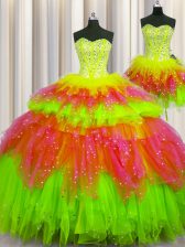Dazzling Three Piece Visible Boning Multi-color Sweet 16 Quinceanera Dress Military Ball and Sweet 16 and Quinceanera with Beading Sweetheart Sleeveless Lace Up