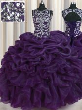 Exquisite Scoop Purple Ball Gowns Beading and Pick Ups 15 Quinceanera Dress Lace Up Organza Sleeveless Floor Length