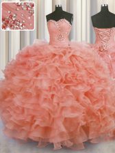 Flirting Beading and Ruffles Ball Gown Prom Dress Watermelon Red Lace Up Sleeveless Floor Length