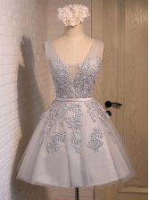 Unique Grey Sleeveless Beading and Appliques Mini Length Prom Gown