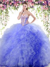  Blue Sleeveless Floor Length Beading and Ruffles Lace Up Ball Gown Prom Dress