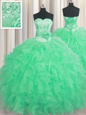 Admirable Handcrafted Flower Apple Green Sweetheart Lace Up Beading and Ruffles and Hand Made Flower Quinceanera Dresses Sleeveless