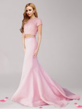 Customized Scoop Pink Short Sleeves Brush Train Beading With Train Prom Evening Gown