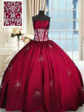 Fashion Wine Red Sleeveless Floor Length Beading and Appliques and Ruching Lace Up Sweet 16 Dresses