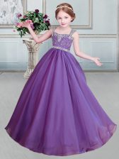  Straps Sleeveless Floor Length Beading Lace Up Kids Formal Wear with Eggplant Purple