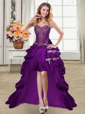 Beauteous Beading and Appliques and Pick Ups Prom Evening Gown Purple Lace Up Sleeveless High Low
