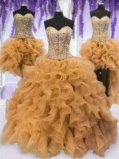  Four Piece Gold Sleeveless Organza Lace Up 15 Quinceanera Dress for Military Ball and Sweet 16 and Quinceanera