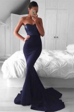 Fine Navy Blue Mermaid Elastic Woven Satin Sweetheart Sleeveless Sequins With Train Zipper Homecoming Dress Sweep Train