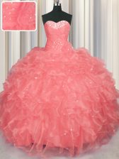 Inexpensive Watermelon Red Ball Gowns Sweetheart Sleeveless Organza Floor Length Lace Up Beading and Ruffles 15th Birthday Dress
