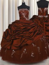 Edgy Embroidery Taffeta Strapless Sleeveless Lace Up Beading and Appliques and Pick Ups Vestidos de Quinceanera in Burgundy