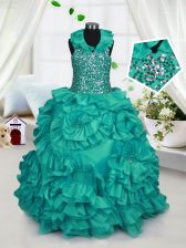  Halter Top Turquoise Zipper Pageant Gowns For Girls Beading and Ruffles Sleeveless Floor Length