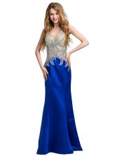  Royal Blue Column/Sheath V-neck Sleeveless Satin Floor Length Backless Beading Prom Dress