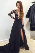 Glorious Black A-line Tulle V-neck Long Sleeves Lace and Appliques Zipper Prom Gown Brush Train