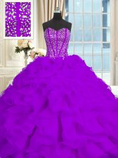Great Sweetheart Sleeveless Ball Gown Prom Dress With Brush Train Beading and Ruffles Eggplant Purple Organza