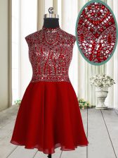  Red Empire Chiffon Scoop Sleeveless Beading and Sequins Mini Length Zipper Homecoming Dress