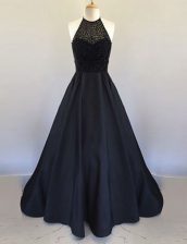 Noble Halter Top Sleeveless Dress for Prom Floor Length Beading Black Satin