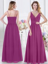 Fashion Sleeveless Floor Length Ruching Zipper Vestidos de Damas with Fuchsia
