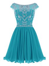  Scoop Chiffon Cap Sleeves Mini Length Dress for Prom and Beading