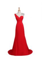  One Shoulder Coral Red Satin Backless Prom Evening Gown Sleeveless Court Train Beading