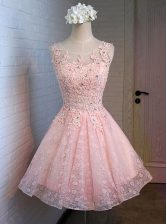 Luxurious Pink A-line Lace Scoop Sleeveless Appliques Mini Length Lace Up Prom Gown