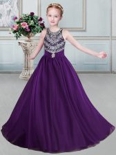 Latest Scoop Sleeveless Organza Floor Length Backless Child Pageant Dress in Purple with Beading and Belt