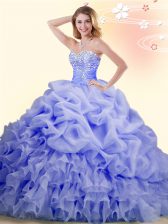 Latest Pick Ups Lavender Sleeveless Organza Brush Train Lace Up Sweet 16 Dress for Military Ball and Sweet 16 and Quinceanera
